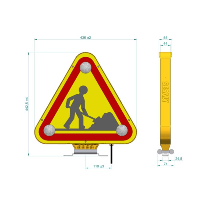 Triunghi luminos LED cu avertizare lucrari trafic 2 fete - 500mm AK5 CL2 - ridicare manuala si montaj adeziv 